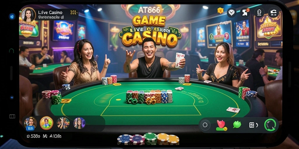 Screenshot AT866 menampilkan dealer profesional dalam sesi permainan Live Casino yang mengasyikkan.