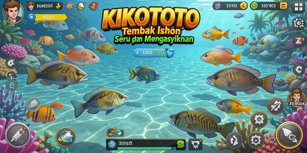 Tampilan seru gameplay KIKOTOTO menembak ikan di bawah laut.