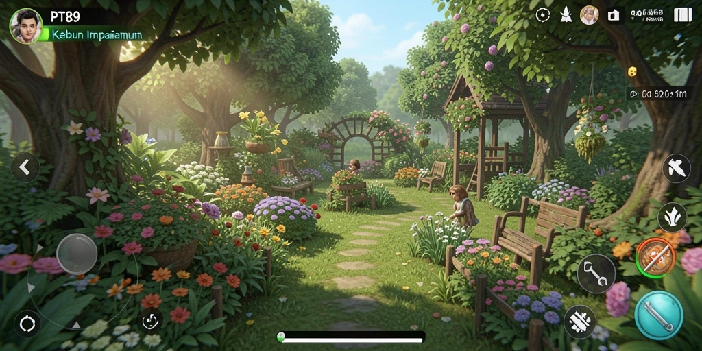 Screenshot gameplay PT89 menampilkan kebun yang subur dan aktivitas pertanian.