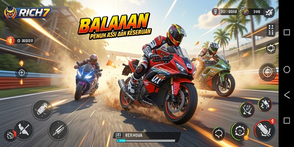 Gameplay seru RICH7 dengan balapan motor menegangkan.