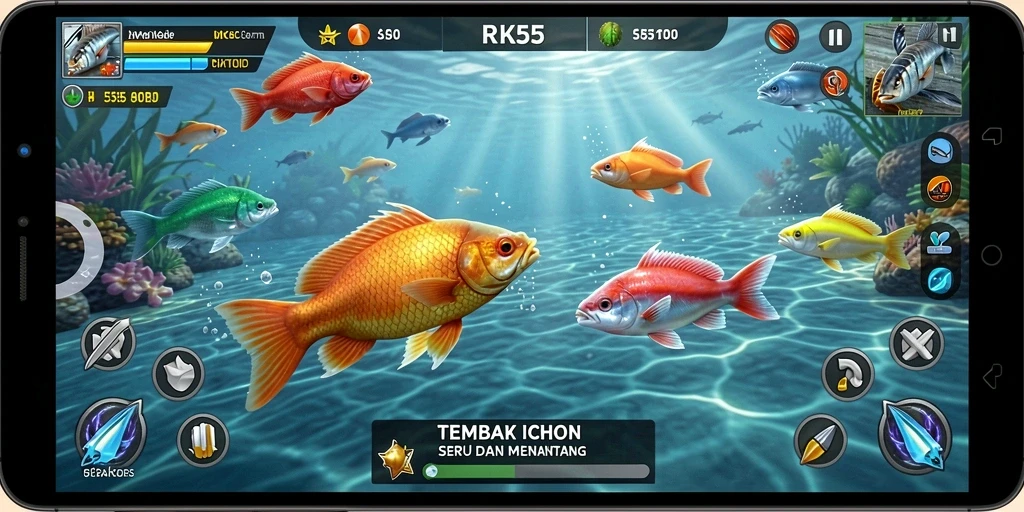 Tampilan utama gameplay RK55 dengan aksi menembak ikan yang seru.