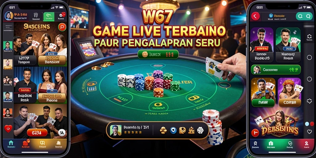 Gameplay W67 yang menampilkan dealer langsung dalam suasana kasino.