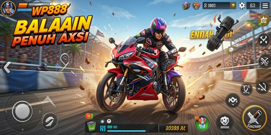 Screenshot WP888 menampilkan aksi balap motor yang mendebarkan.